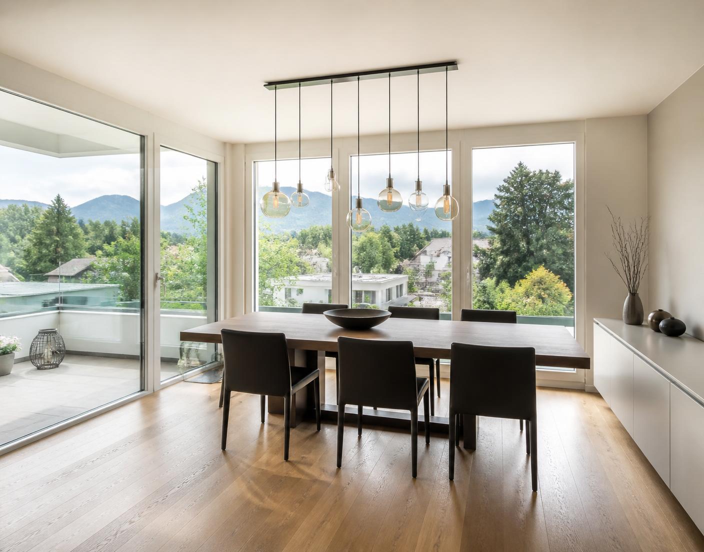 Helles modernes Wohnzimmer mit grossen Fenstern